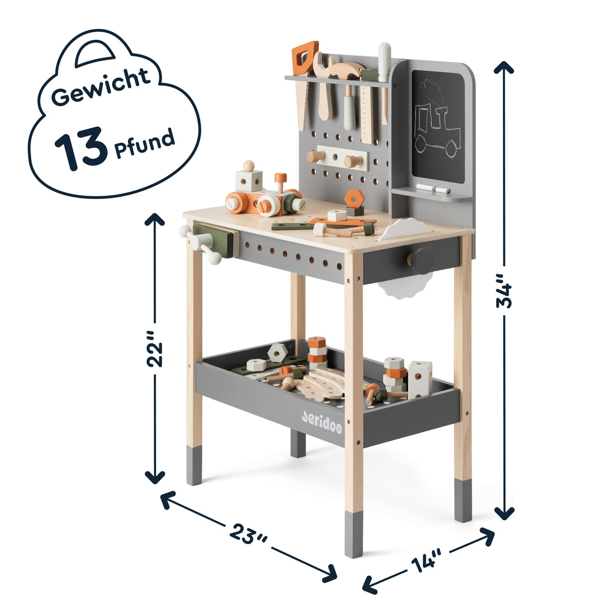 JERIDOO Kids Wooden Workbench, 61-Piece Tool Bench Set with Saw, Hammer, Spanner, Screwdriver, Nuts and Bolts, Chalkboard, Safety Goggles and Gloves, Construction Toy, Pretend Play, Boys, Girls Age 3+