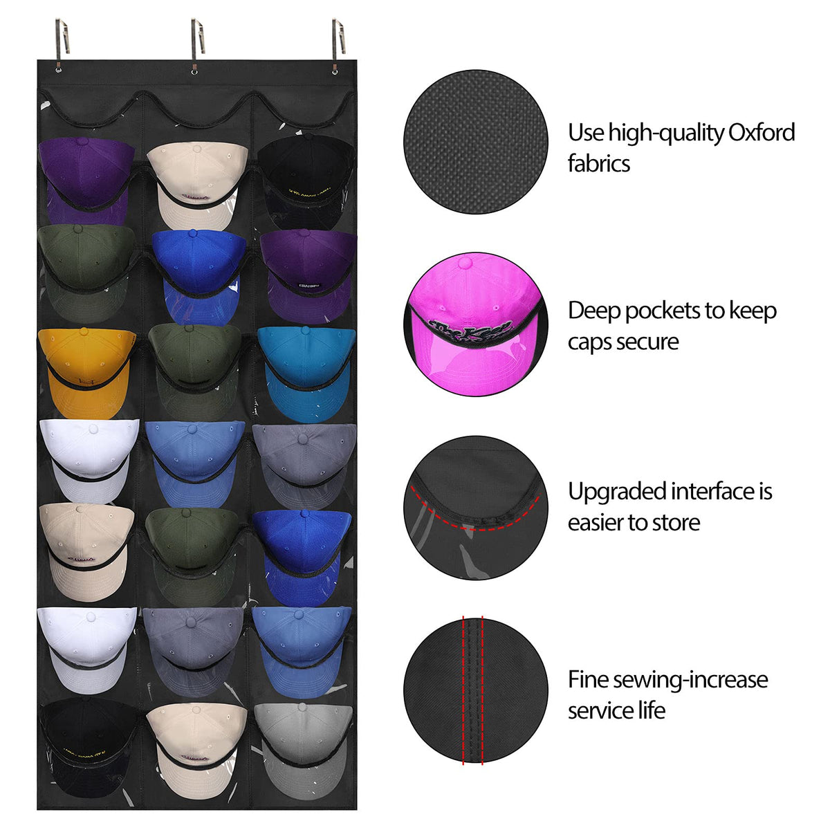 Dofilachy Hat Organizer Racks for Baseball Caps, Visible Hat Holder Rack for Wall Door with 3 Hooks, 24 Deep Pockets
