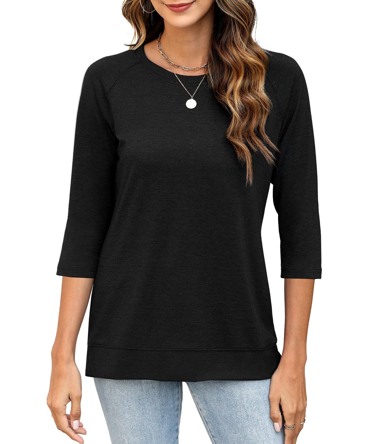 JomeDesign Womens Tops 3/4 Sleeve Crew Neck T-Shirts Dressy Casual Tunic Blouses Black