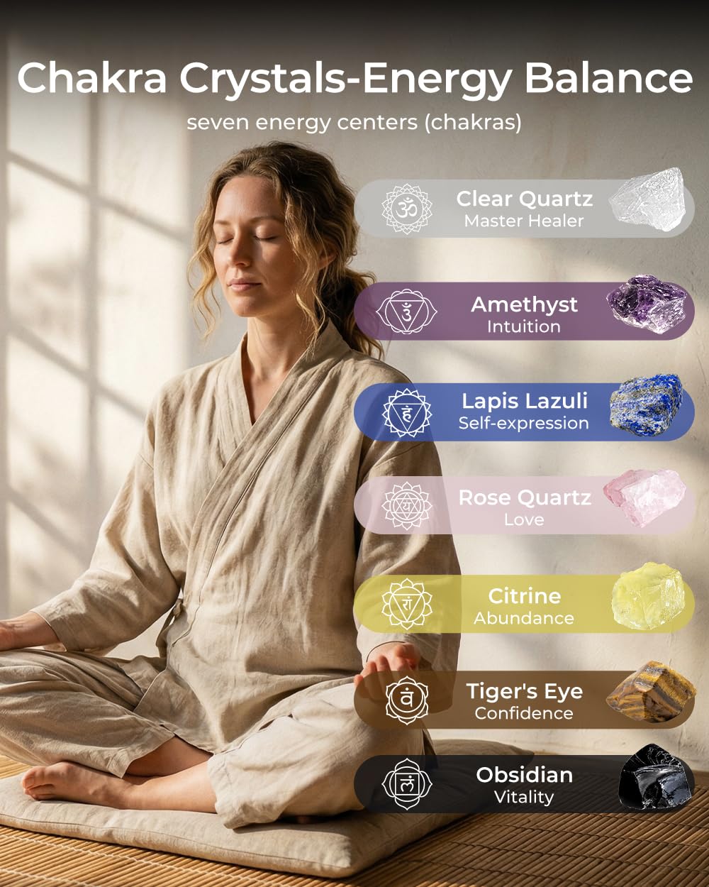 Crystals and Healing Stones Set - Chakra Crystals, Thumb Worry Stones, Golden Orgone Pyramid for Positive Energy - Flower of Life, Chakra Bracelets, 7 Chakra Stones Set, Birthday Gifts for Women