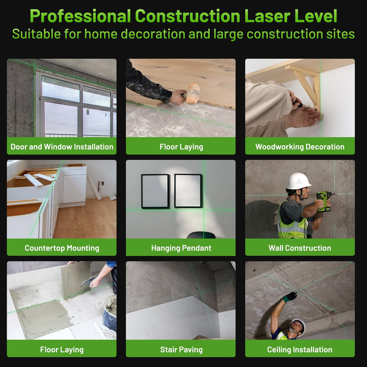 Huepar W04CG 4D Laser Level with Receiver for Outdoor or Longer Distance Use, Up to 400 ft, 4x360° Self Leveling Green Lazer Leveler Tool for Construction, Tiling, Framing, Drop Ceiling, Floor etc.