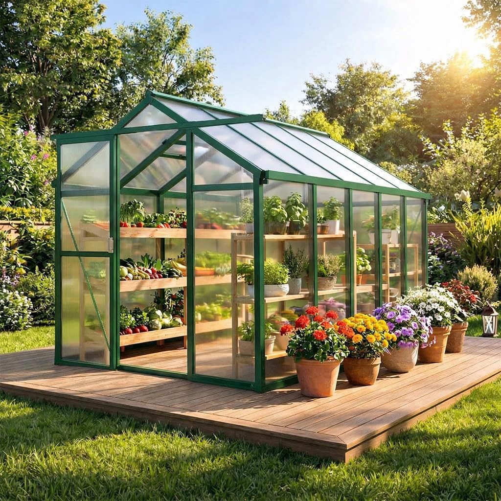 6X8FT Greenhouse, Aluminum Polycarbonate House, Green Houses for Outside with Sliding Doors, Outdoor Greenhouse with Ajustable Roof Vent, Withstands Bad Weather for Garden, or Backyard, Green