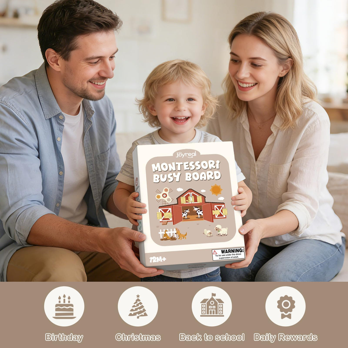 Joyreal Wooden Montessori Busy Board for 1 2 3 Year Old Toddlers, Farm Themed Sensory Toys for Kids, Fine Motor Skills Activity Board with Music Box & Latches, Learning Toys Gift for Autistic Children