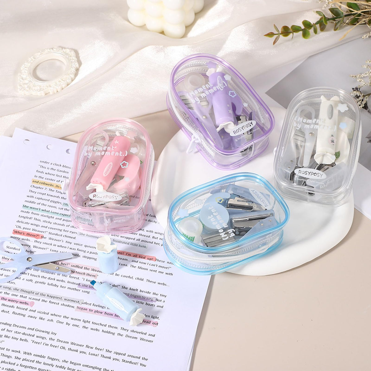 PATIKIL 2 Pack Office Supplies Set, 7pcs Desk Supplies Set Stapler Tape Dispenser Scissors Accessories Kit Mini Office Supply Kit Cute Small for Desk Women Organizer, Pink Purple