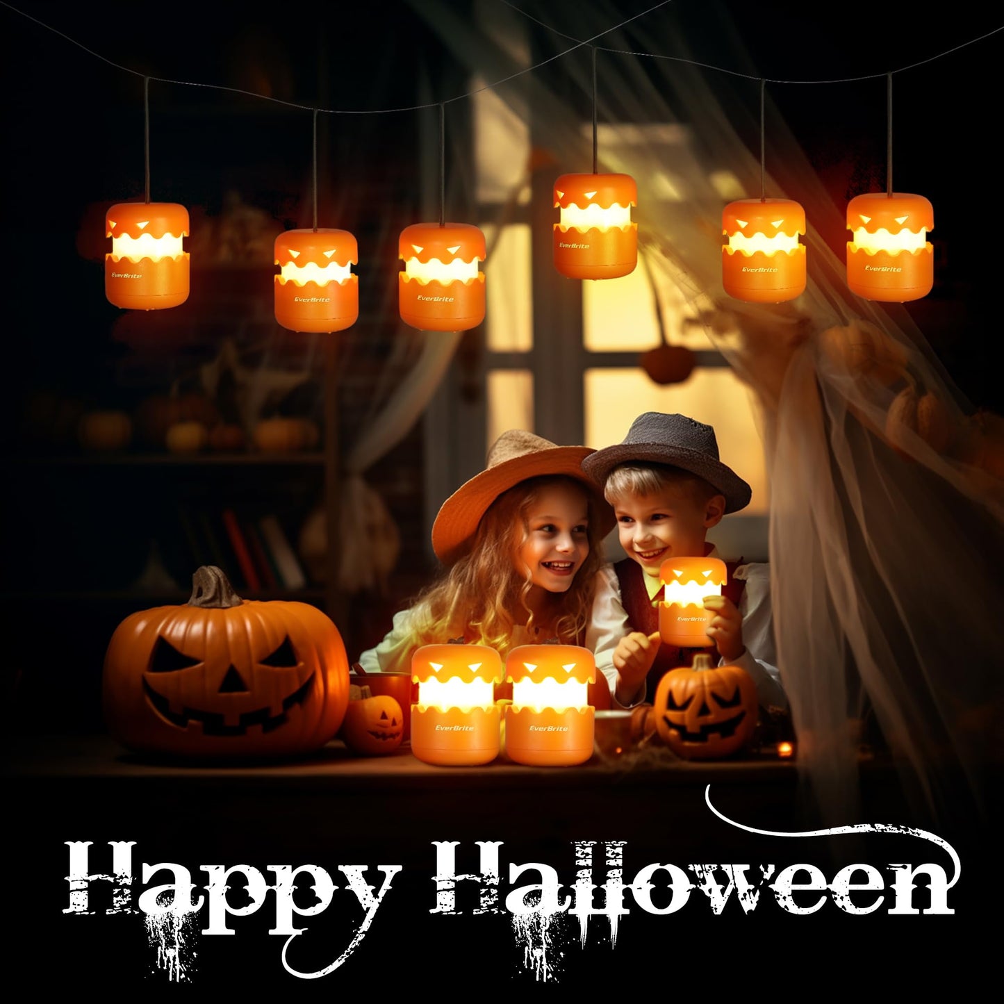 EverBrite 6-Pack Halloween Pumpkin Lantern, Collapsible Jack O Lantern Pumpkins with Lanyard, Halloween Party Favors, Light up Pumpkin Outdoor for Halloween Party Decoration, Battery Included