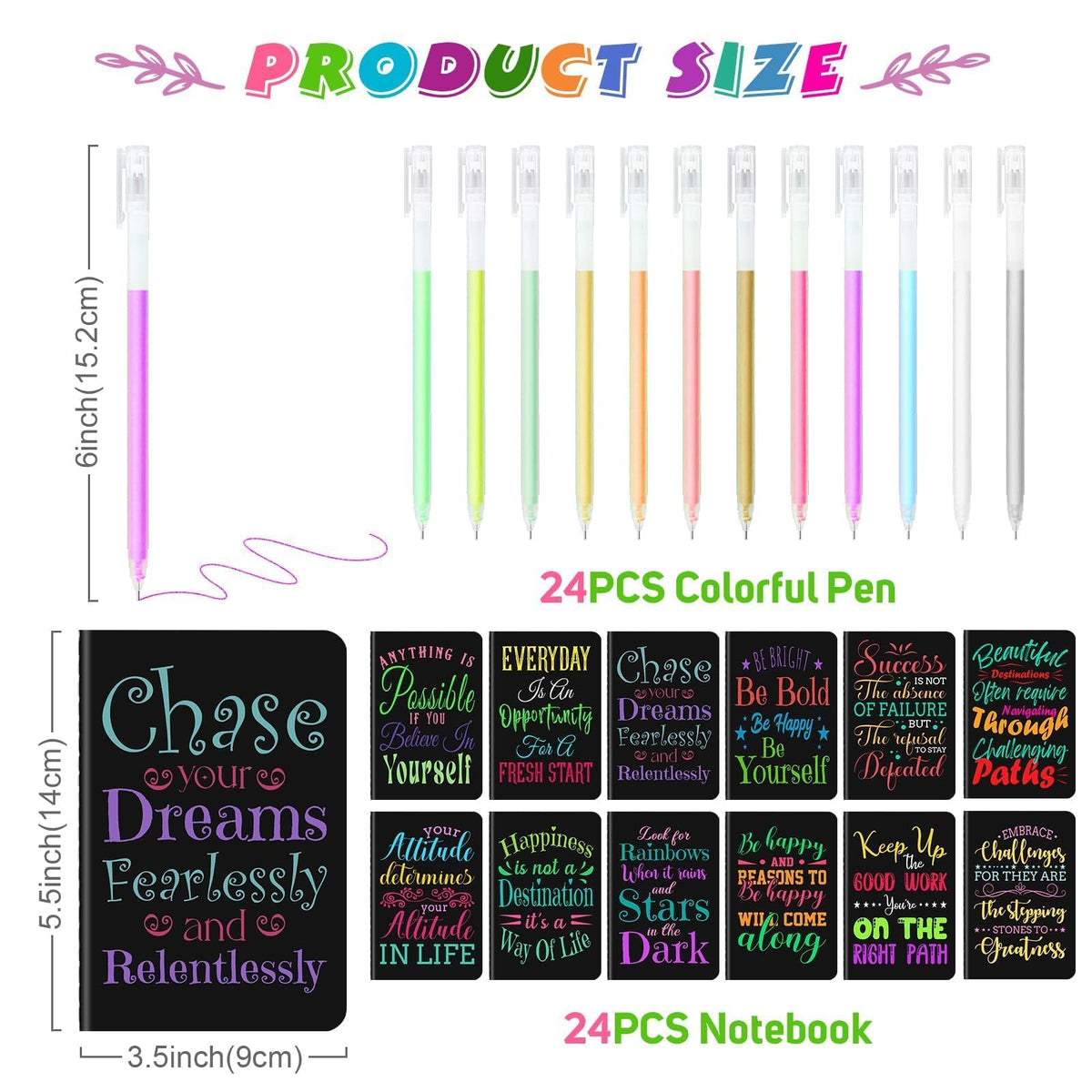 24 Pcs Mini Inspirational Notebooks Bulk with 24 Pcs Colorful Pens, Small Pocket Journal Notepads Set, Motivational Bulk Gifts for Women Men Teacher Student, Fun School Office Supplies, 3.5" x 5.5"