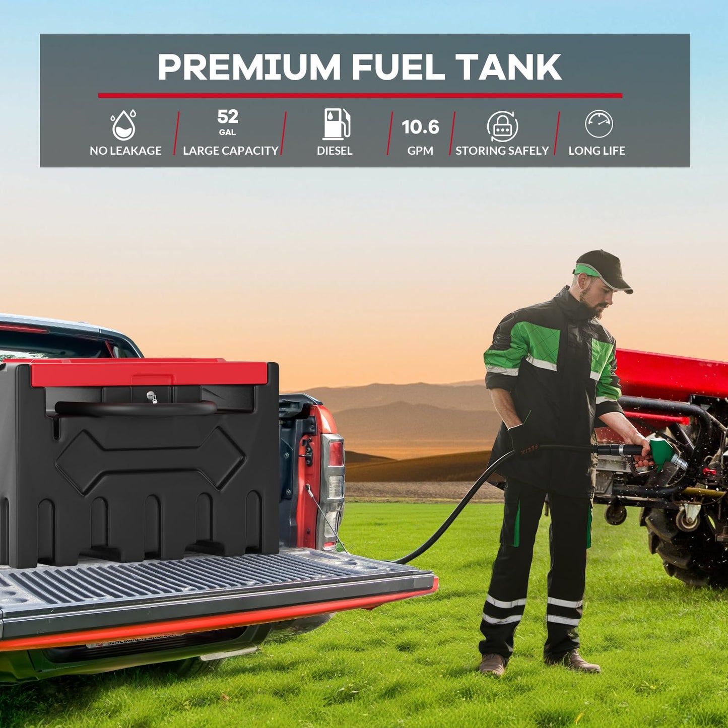 52 Gallon Portable Diesel Fuel Tank with 12V Pump, Auto Shut-Off Nozzle, 15Ft Hose & 360° Swivel, Heavy-Duty HDPE Diesel Transfer Tank for Trucks, Farm, Generator, Construction - Red Cover