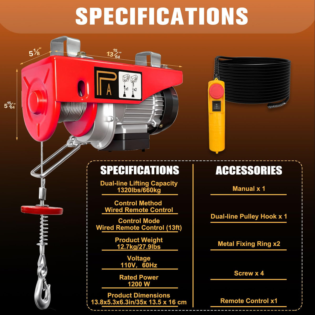 FITHOIST Electric Hoist 1320 lbs,110V Winch with Wired Remote Control,Electric Winch Single/Double Slings 39.4ft Lifting Height with Emergency Stop for Factories,Warehouses,Construction Site