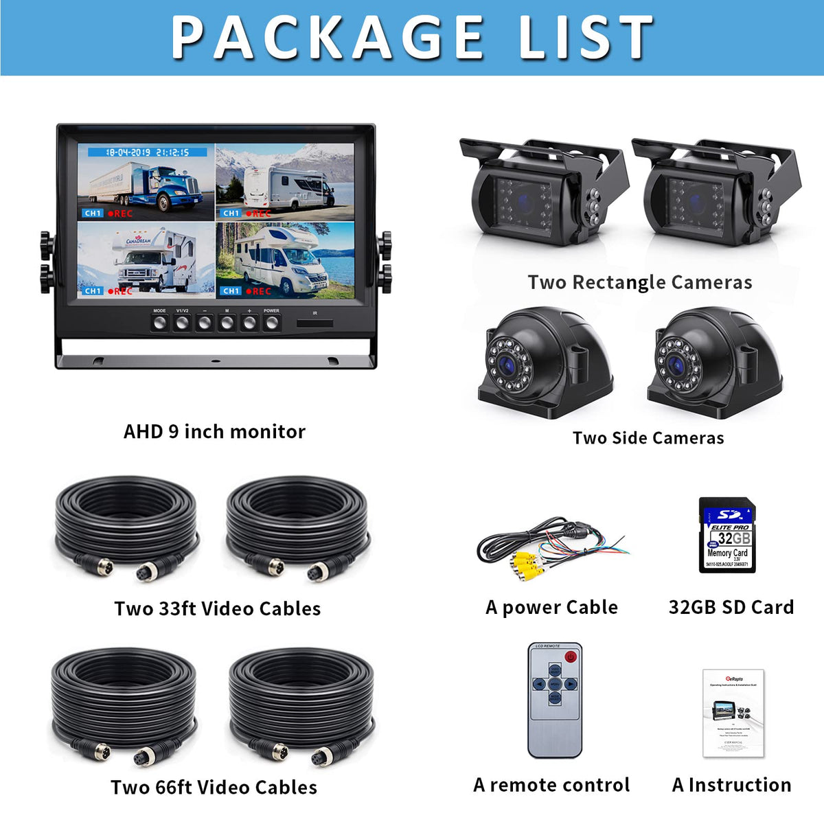 eRapta 1080P Wired Backup Camera System Kit,9" HD DVR Monitor with IP69 Waterproof Reverse/Side View Camera for RV Truck/Semi Box Truck/Trailer A9