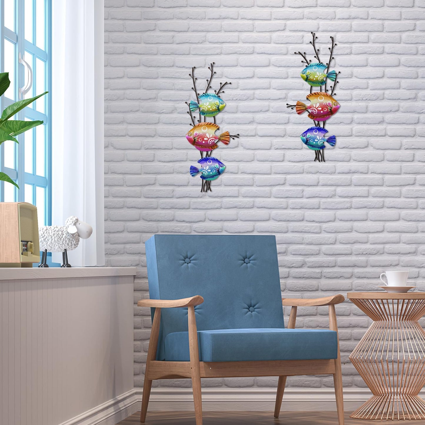 Landhoow 2 Pcs Coastal Wall Decor Metal Fish Wall Art Beach Ocean Sea Tropical Fish Art Nautical Hanging Sculpture for Summer Party Favor Indoor Outdoor Bedroom Living Room Kitchen