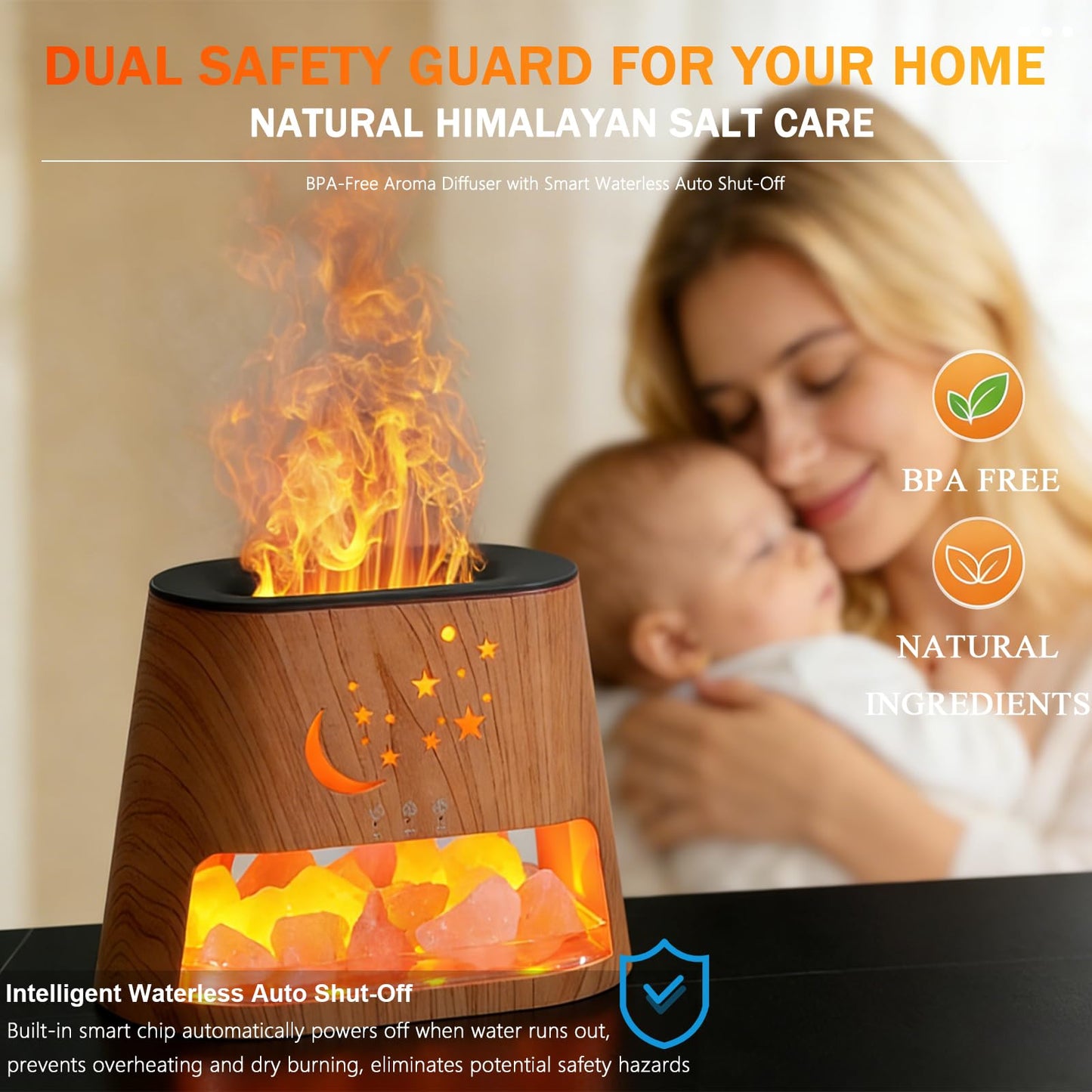 Flame Essential Oil Diffuser & Himalayan Salt Lamp: 260ml Aromatherapy Diffuser & Ultrasonic Cool Mist Humidifier with Himalayan Pink Salt Rock, Remote, 7-Color LED, 3 Timer (Moon Star + Wood Grain)