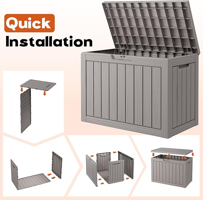 Outdoor Storage Box, Resin Deck Boxes Indoor and outdoor, Waterproof Storage Box Lockable Lid (Grey, 45 Gallon)