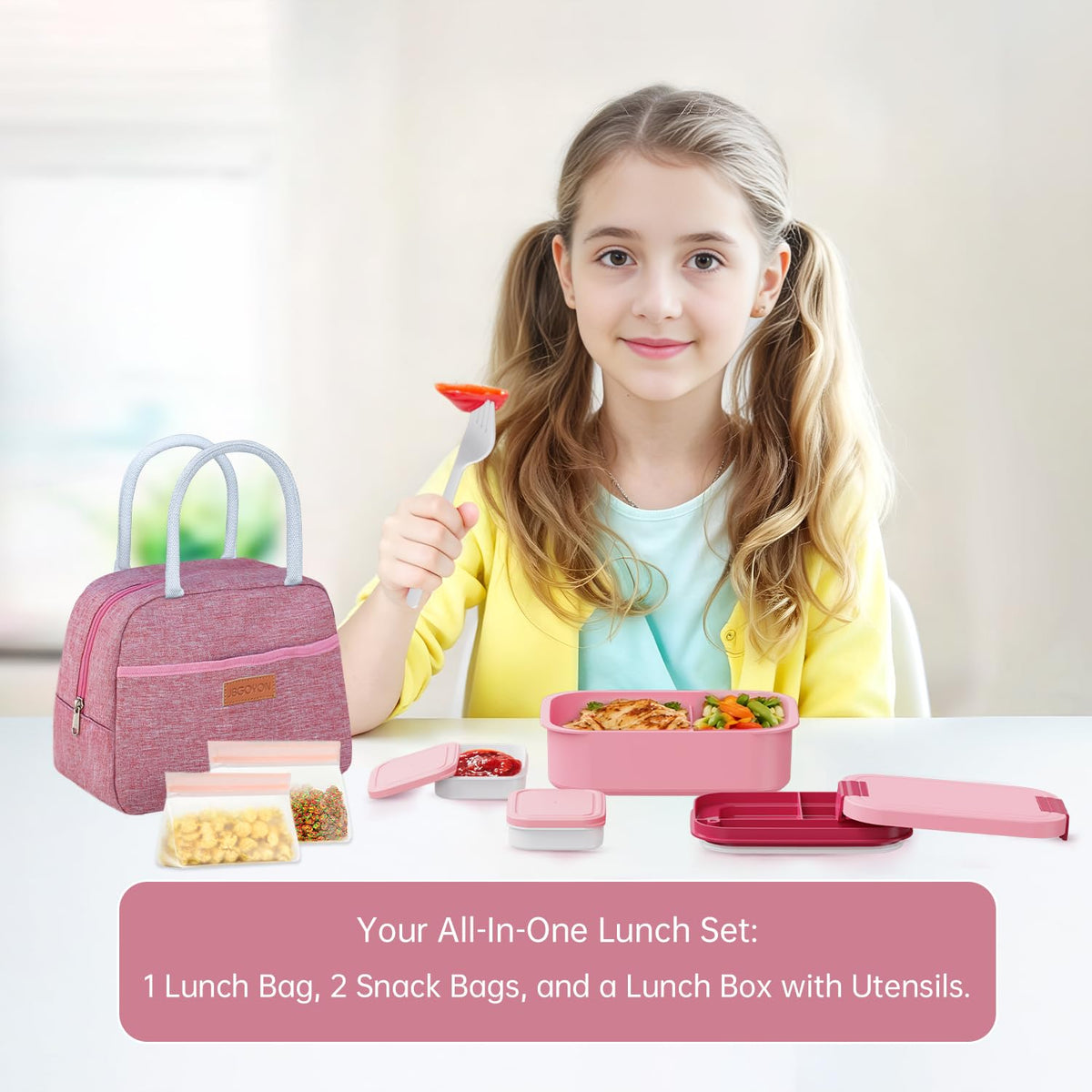 JBGOYON Bento Box and Lunch Bag Set, Leak-Proof Lunch Box for Adults and Kids with Built-in Utensils, Insulated for Work School Travel, Microwave & Dishwasher Safe, All-in-One (Pink)