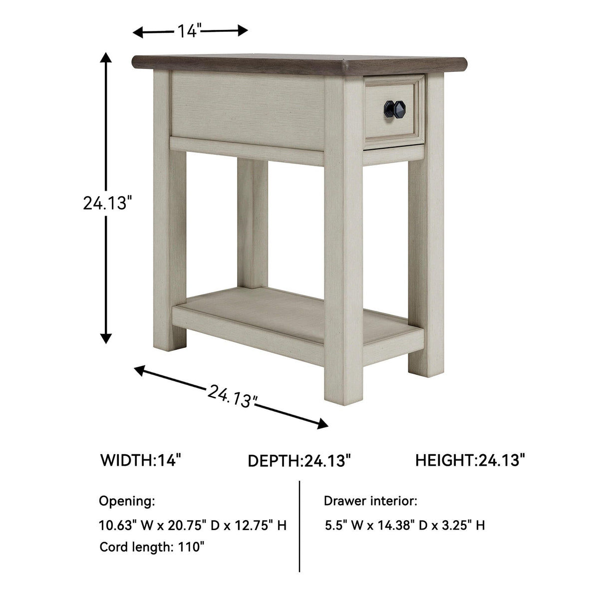 Signature Design by Ashley Bolanburg Chairside End Table With Charging Station, Two-Tone Wood Accent Table With Drawer Storage, Plank Top Design for Living Room or Bedroom, Antique White