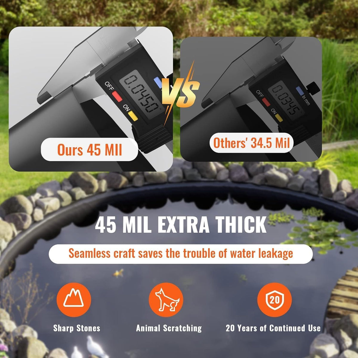 SierraSquad 10x10 ft Pond Liner, 45 Mil Thickness, Pliable & Durable EPDM Material, Easy Cutting & UV Resistant, for Fish or Koi, Features, Waterfall Base, Fountains and Water Gardens