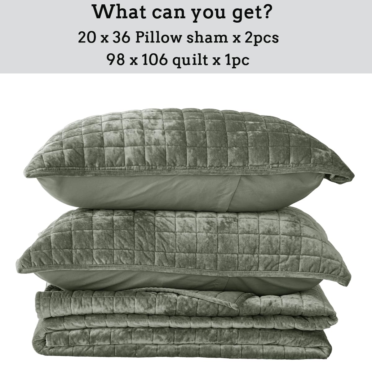 COCOPLOCEUS Quilt Set King Size 98x106 Luxurious Velvet Bedding Sets with 2 Pillow Shams 20x36 3 Pieces Ultra Soft Quilted Bedspread Coverlet Comforter for All Season,Army Green