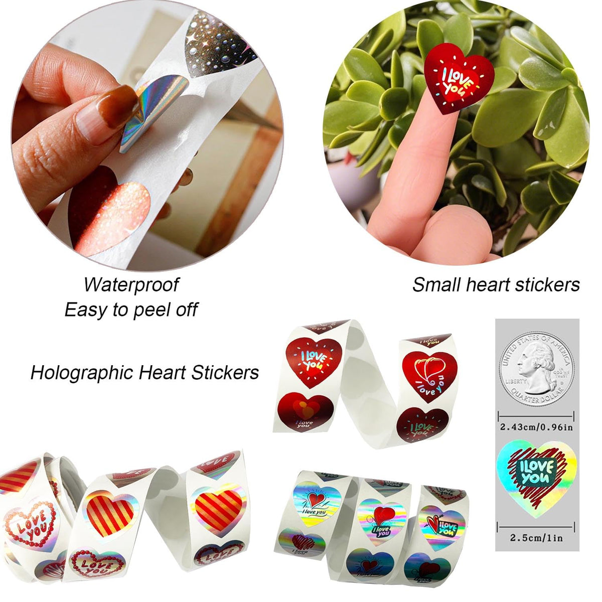 Glitter & Holographic Red Heart Shaped Stickers with “I Love You “Stickers 600PCS 1" 18 Designs for Valentine's Day, Mother's Day Gifts, Wedding Decor, Envelopes,Invitations & Scrapbook