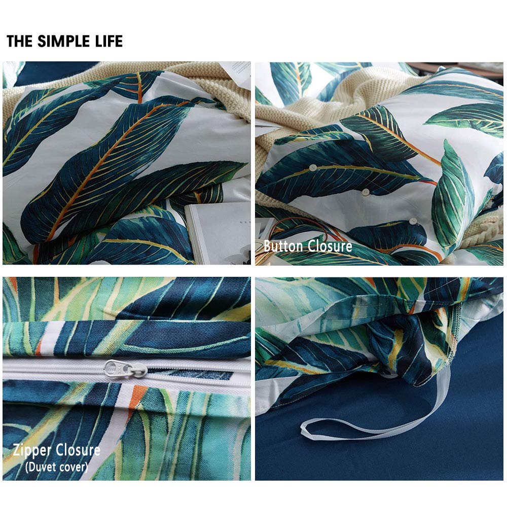 VM VOUGEMARKET Leaves Duvet Cover Set Queen,3 Piece Soft Premium Cotton Green Tropical Palm Tree Comforter Cover with Zipper Closure,Botanical Bedding Set Queen
