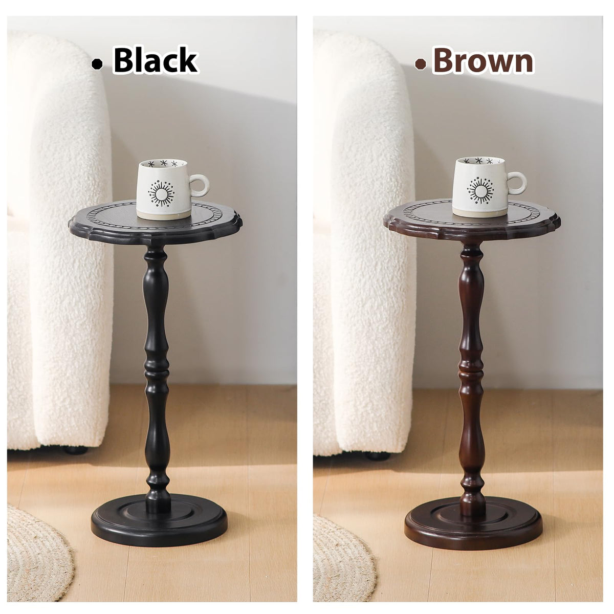 HuiDao 100% Solid Wood Round Side Table, Small Drink Table for Small Spaces, Modern End Table Accent Nightstand for Bedroom, Living Room, Corners and Office, Brown