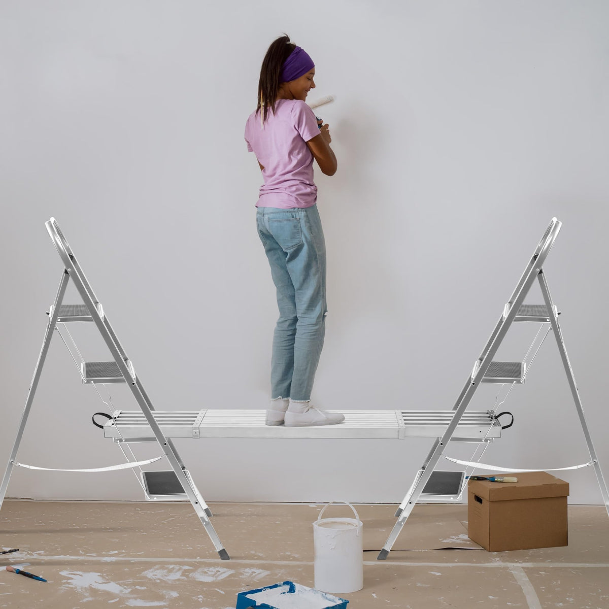 9-15FT Telescoping Scaffold Plank, 440Lb Capacity Aluminum Work Platform, 12.5" Wide Ladder Accessory with Skid-Proof Surface & Sticky Tape for Painting/Repair