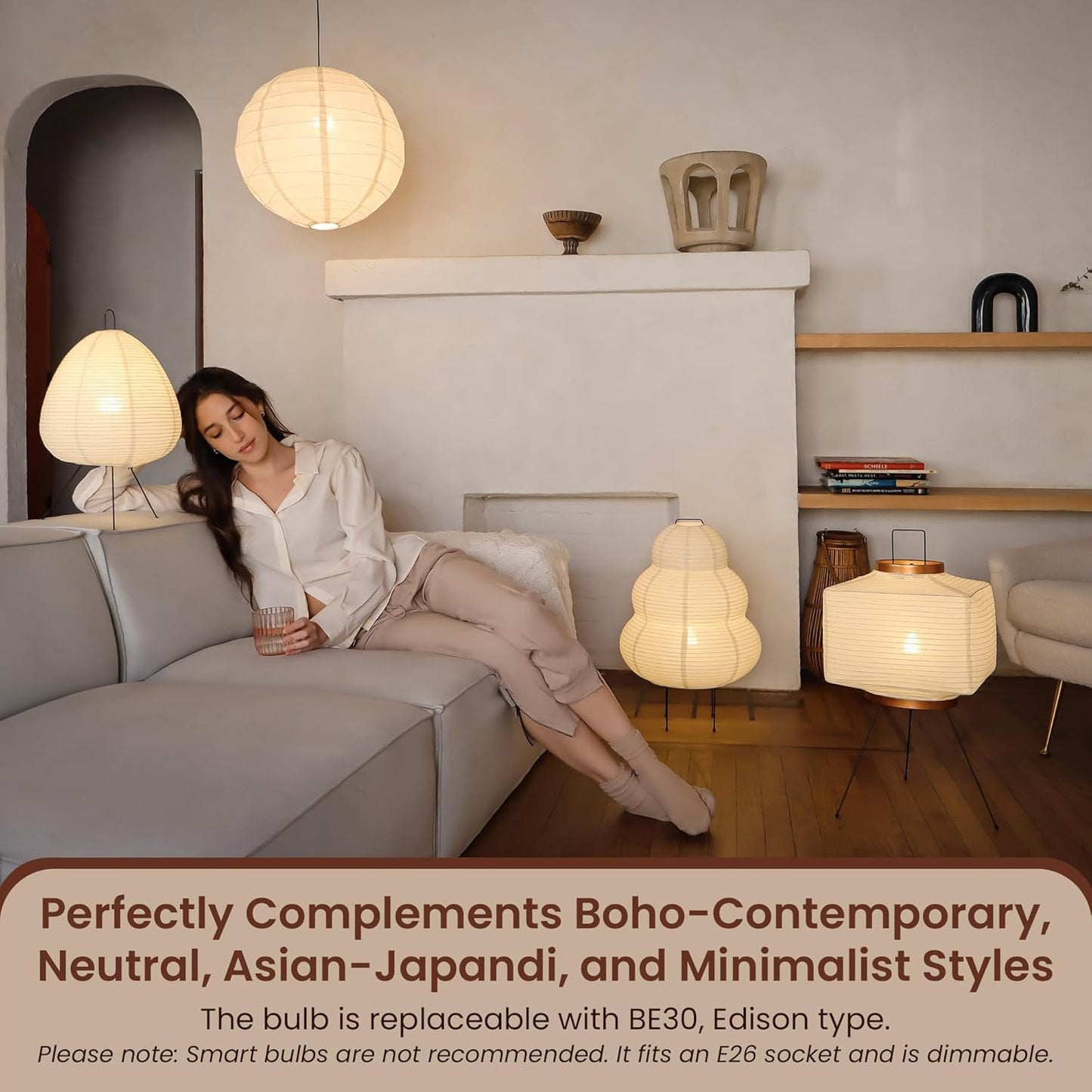 Akari Noguchi Japanese Paper Floor Lamp • Rice Paper Lantern Lamp • Japanese Japandi Floor Lamp for Soft Ambient Lighting