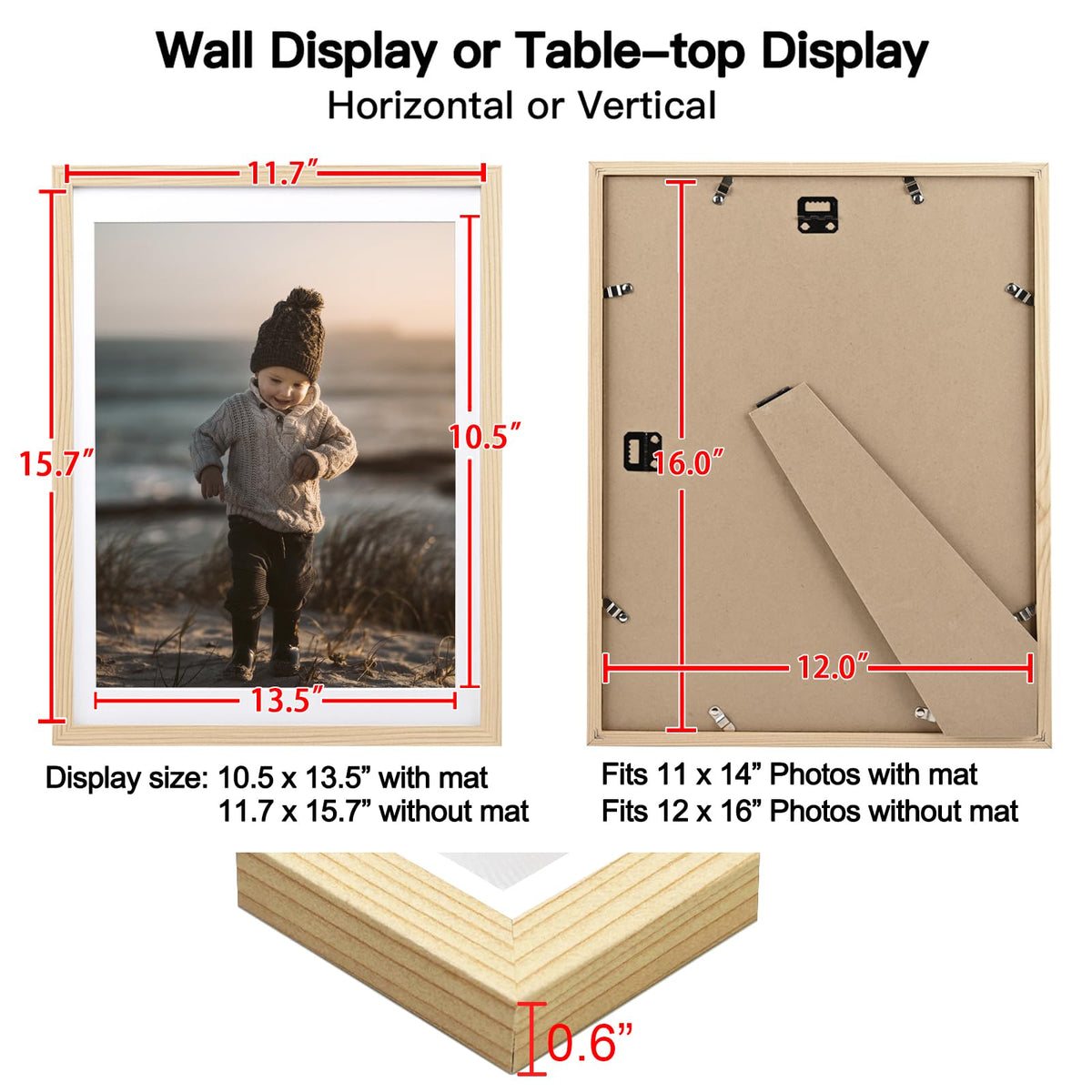 KINLINK 12x16 Picture Frame Wood Grain, Wooden 16x12 Photo Frames with Plexiglass for 11x14 Picture with Mat or 12x16 Without Mat, Perfect for Art Wall and Tabletop Display 12 x 16 frame Set of 4