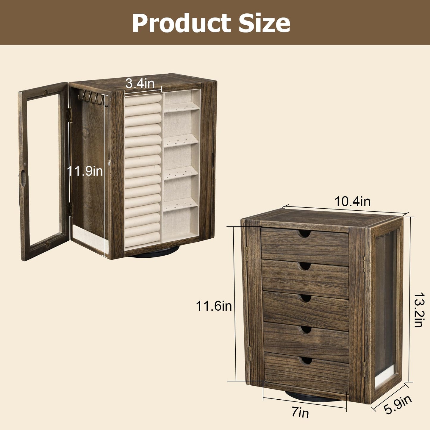 Emfogo 360° Rotating Jewelry Box for Women, Rustic Wooden Jewelry Organizer Box with 5 Drawers, Glass Doors, Vertical Open Design Jewelry Storage Case Display for Earrings Rings Necklaces Bracelets