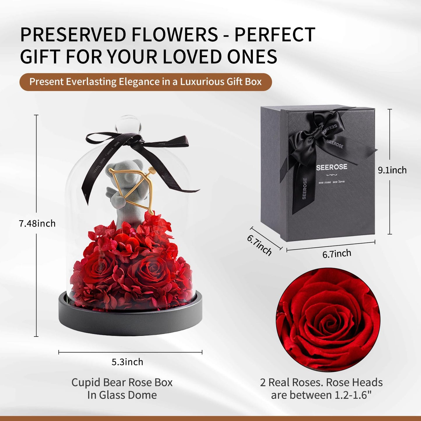 SEEROSE Preserved Roses in Glass with Cupid Rose Bear, Real Forever Rose with Elegant Gift Box, Cute Valentine's Day, Anniversary, Birthday Gift for Her Wife Girlfriend Mom (Cupid Bear, Red)