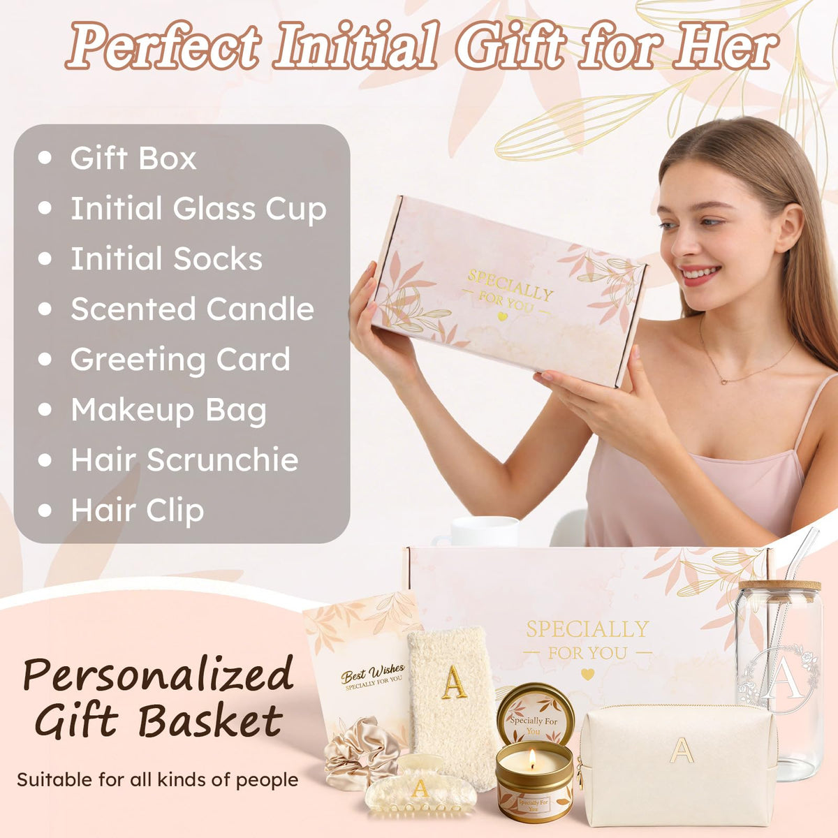 A-Z Personalized Gifts for Women - Initial Cute Hair Clips + Glass Cups w/Lids Straws, Makeup Bag Monogrammed Gift for Women,Unique Ideas Birthday Gift for Her, Christmas & Bridesmaid Gifts, A