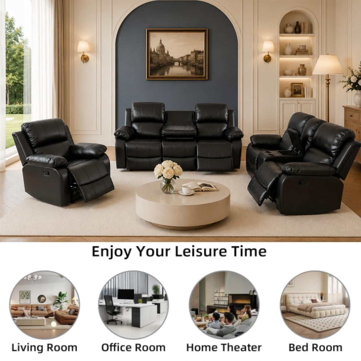 Trygoal Modern Recliner Sofa Set of 3, Semi PU And PVC Living Room Set with 120° Deep Recline & Sleeping Position, Cozy Motion Couch with Loveseat Storage & Cup Holders, Retro Vintage Furniture, Black