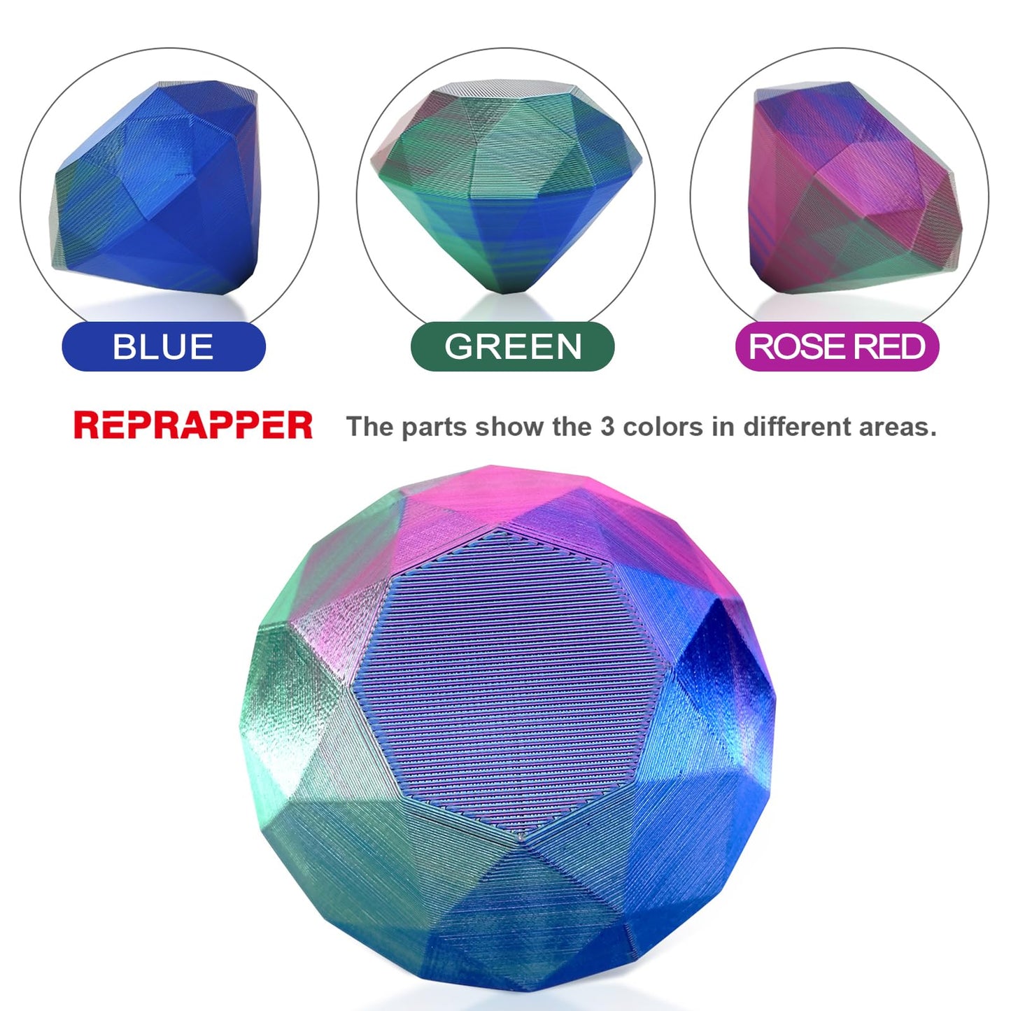 Reprapper PLA Filament 1.75mm 1KG β Green/Blue/Rose Red Tri Colour Silk PLA Filament, Multicolour Filament for 3D Printers, Shiny Rainbow 3D Printing Filament, High Gloss & Easy Printing