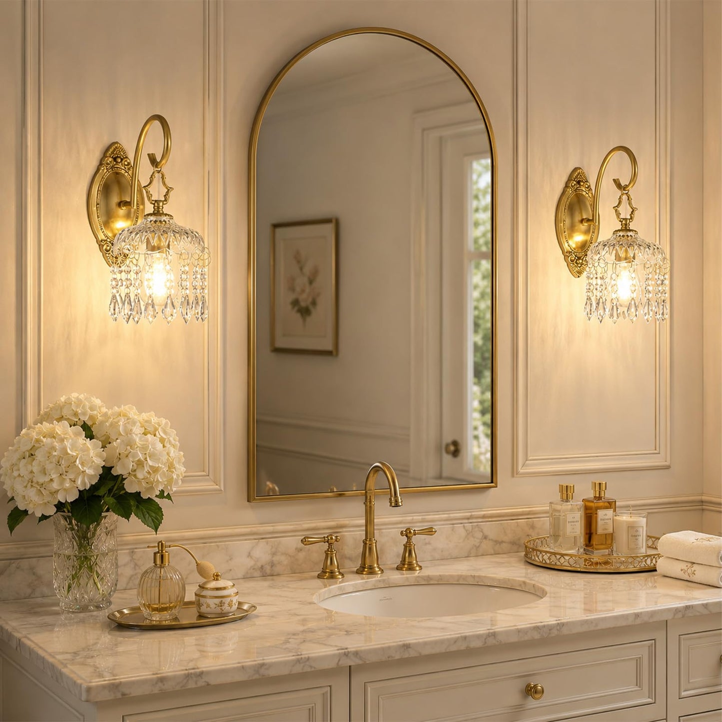 Hamilyeah Crystal Wall Sconces Set of 2, Gold Hardwired Wall Sconce with Faceted Glass Shade and Crystal Drops, Vintage Victorian Brass Wall Light Fixture for Bedroom, Living Room, Hallway, Entryway