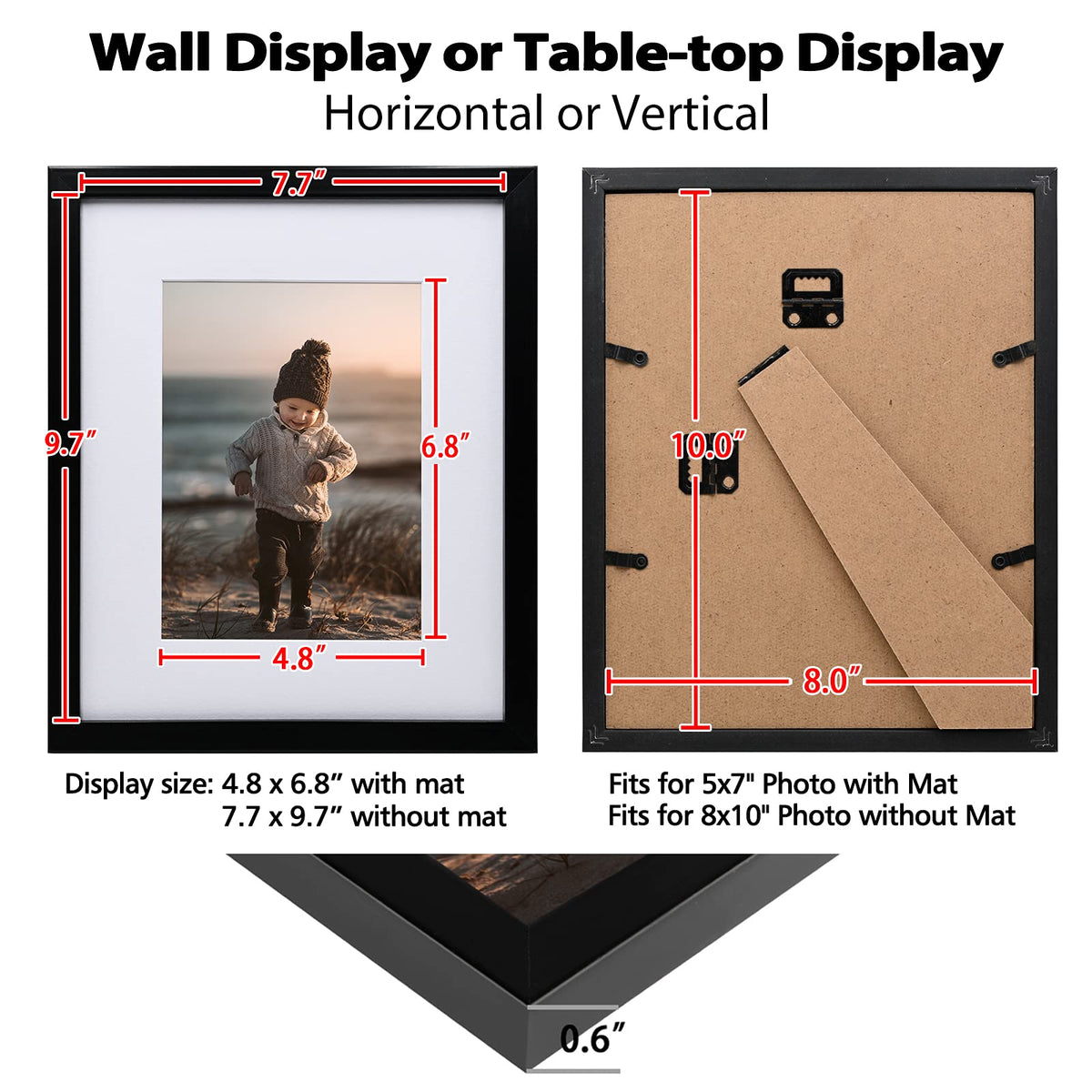 KINLINK 8x10 Picture Frame Black Set of 6, Wooden Photo Frames Matted 5x7 with Plexiglass for 5x7 with Mat or 8x10 without Mat for Table and Wall Display