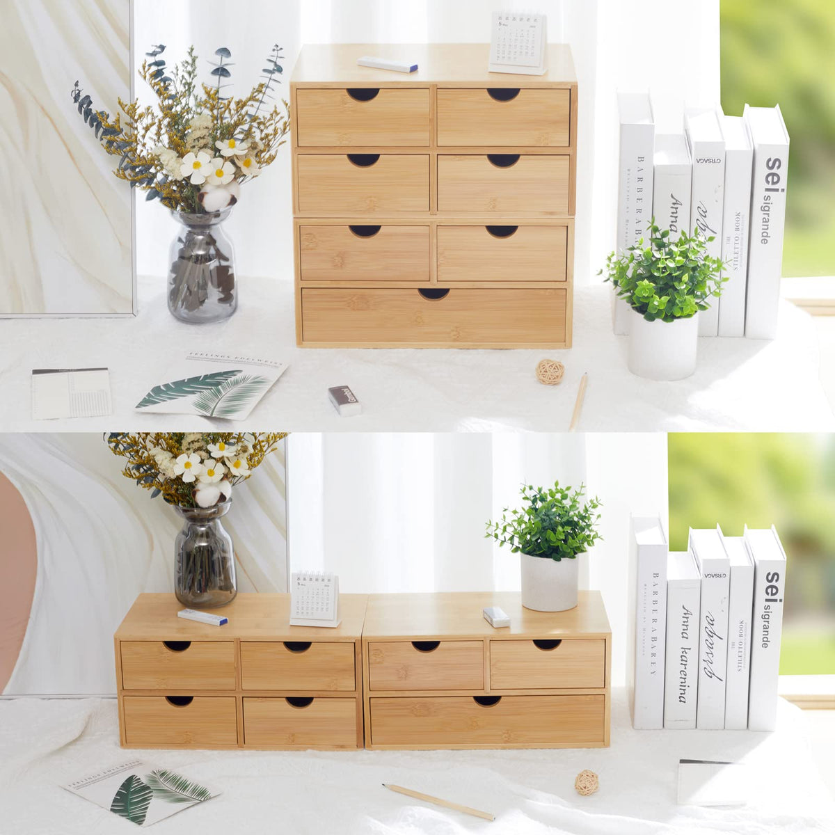 Charmewooden Bamboo Desk Organizer With Drawers Countertop Drawers Counter Storage Box Corner Desk Organizer for Home Office No Assembly Required (4 Drawers)