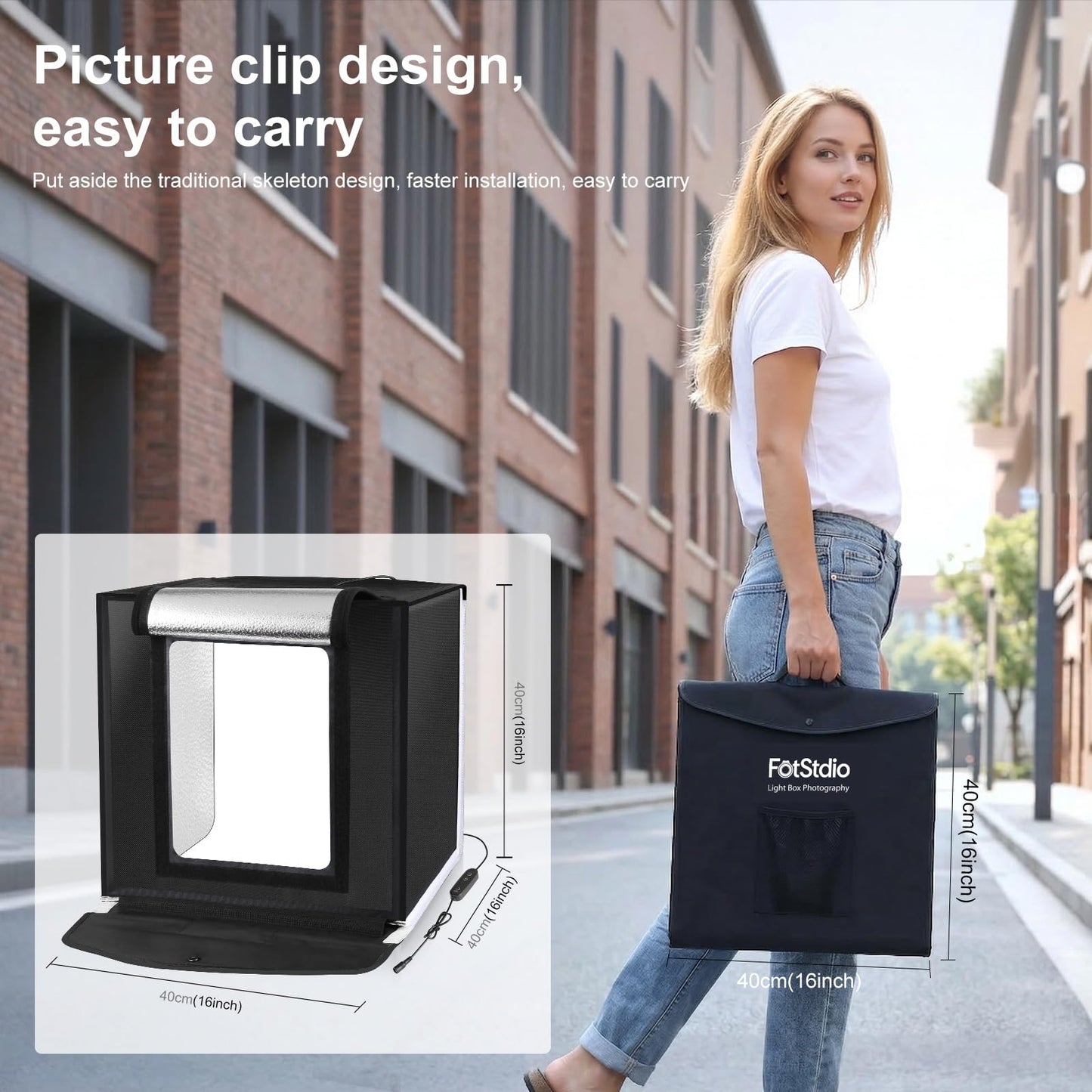FotStdio 16x16 Inch Photo Studio Light Box Photography with 144 LEDs (CRI>95) & 6 Backdrops, Portable/Dimmable Folding Shooting Tents for Toys/Jewelry/Watches/Cosmetics/Food