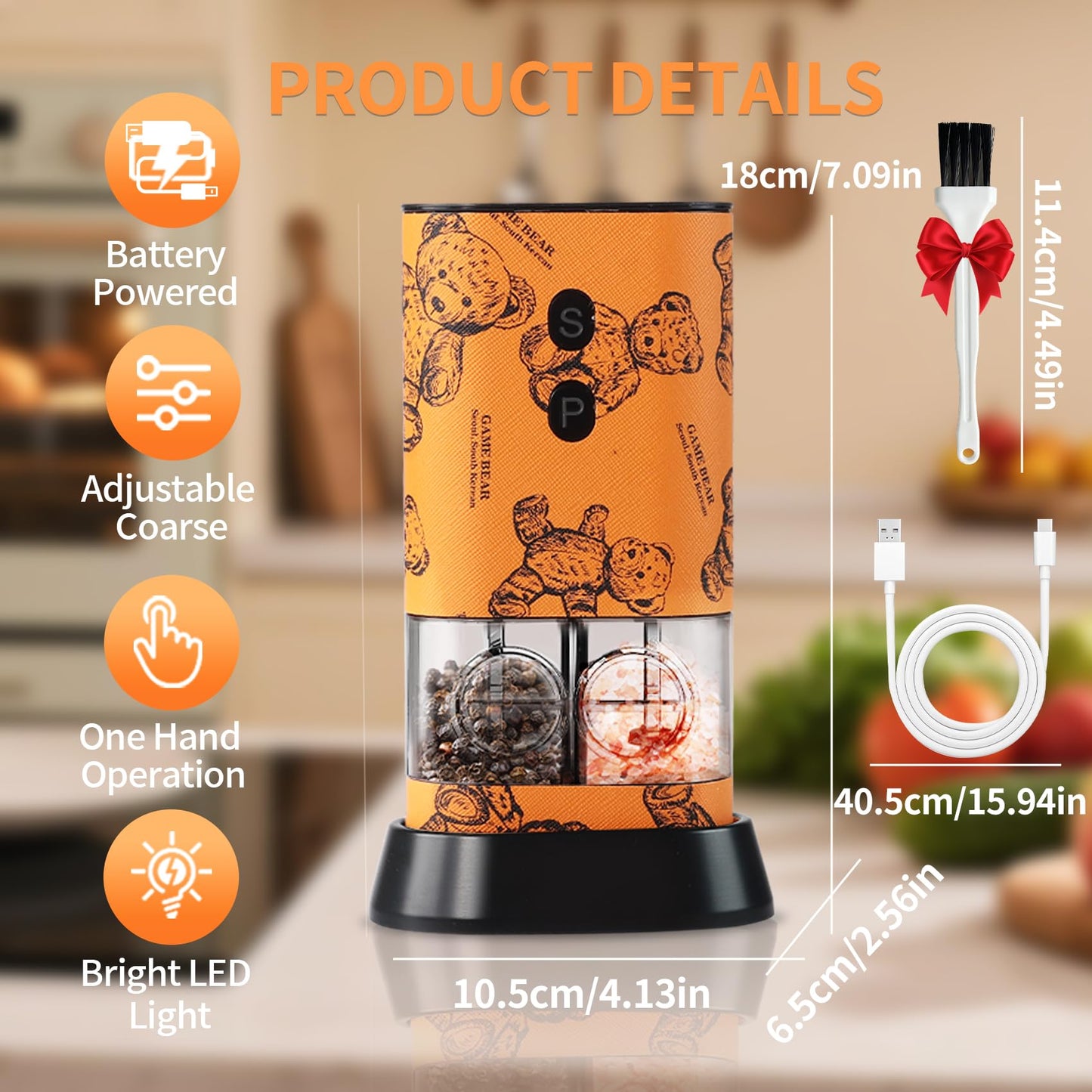 Dual Chamber Salt and Pepper Grinder Set Rechargeable,Electric Pepper Grinder USB-C,One-Hand Control Automatic Salt Mill Shakers,Ceramic Adjustable Coarseness,Large Capacity LED for Kitchen Home Gifts