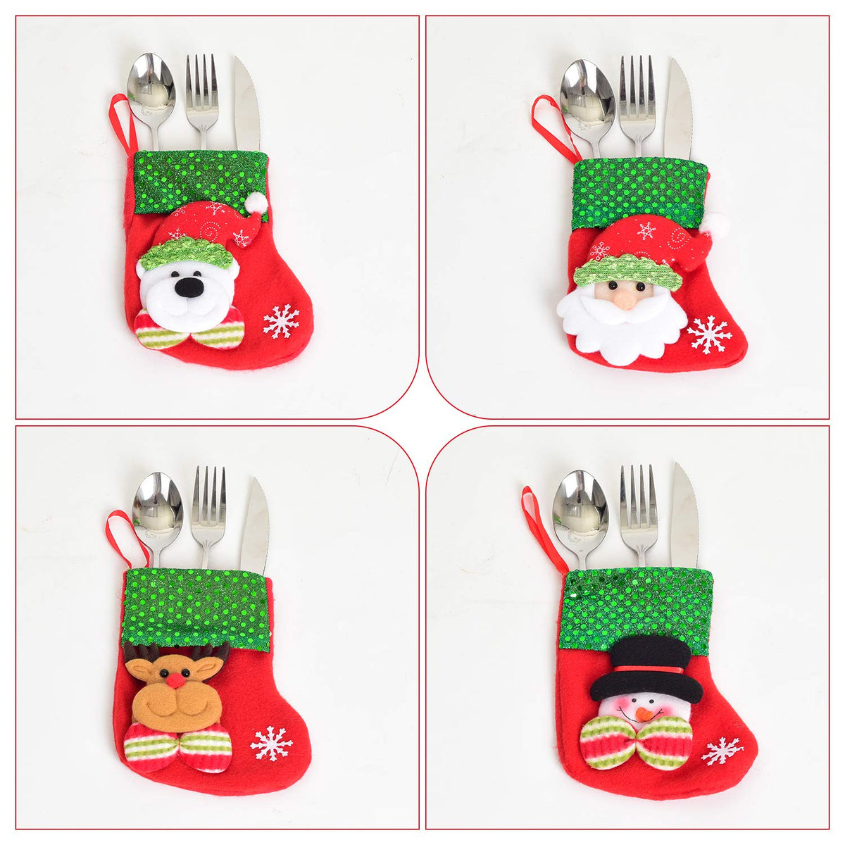 DearHouse12pcs Mini Christmas Stockings, 6" 3D Xmas Stocking Christmas Tree Ornaments Decorations - Santa Claus Snowman Reindeer Gift Card Silverware Holders