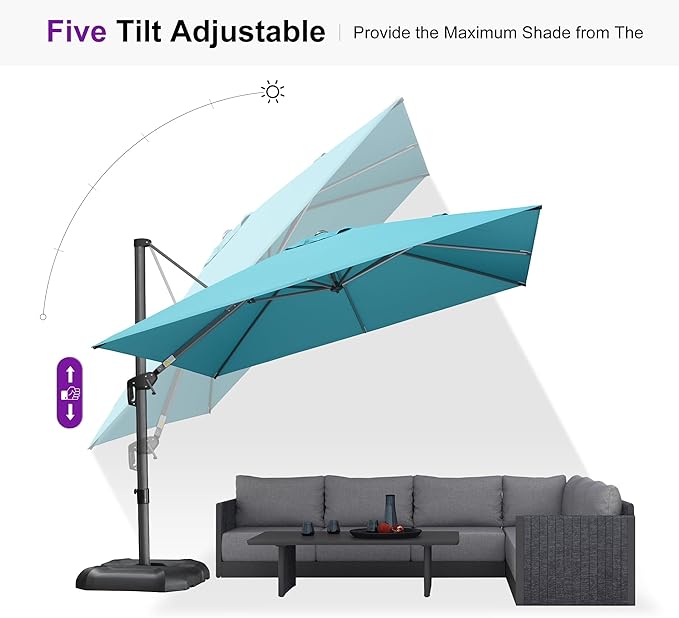 PURPLE LEAF 10'×10' Patio Umbrella with Base and Cover Outdoor Umbrella Large Cantilever Windproof Offset Heavy Duty Sun Umbrella for Garden Deck Pool Patio Turquoise Blue