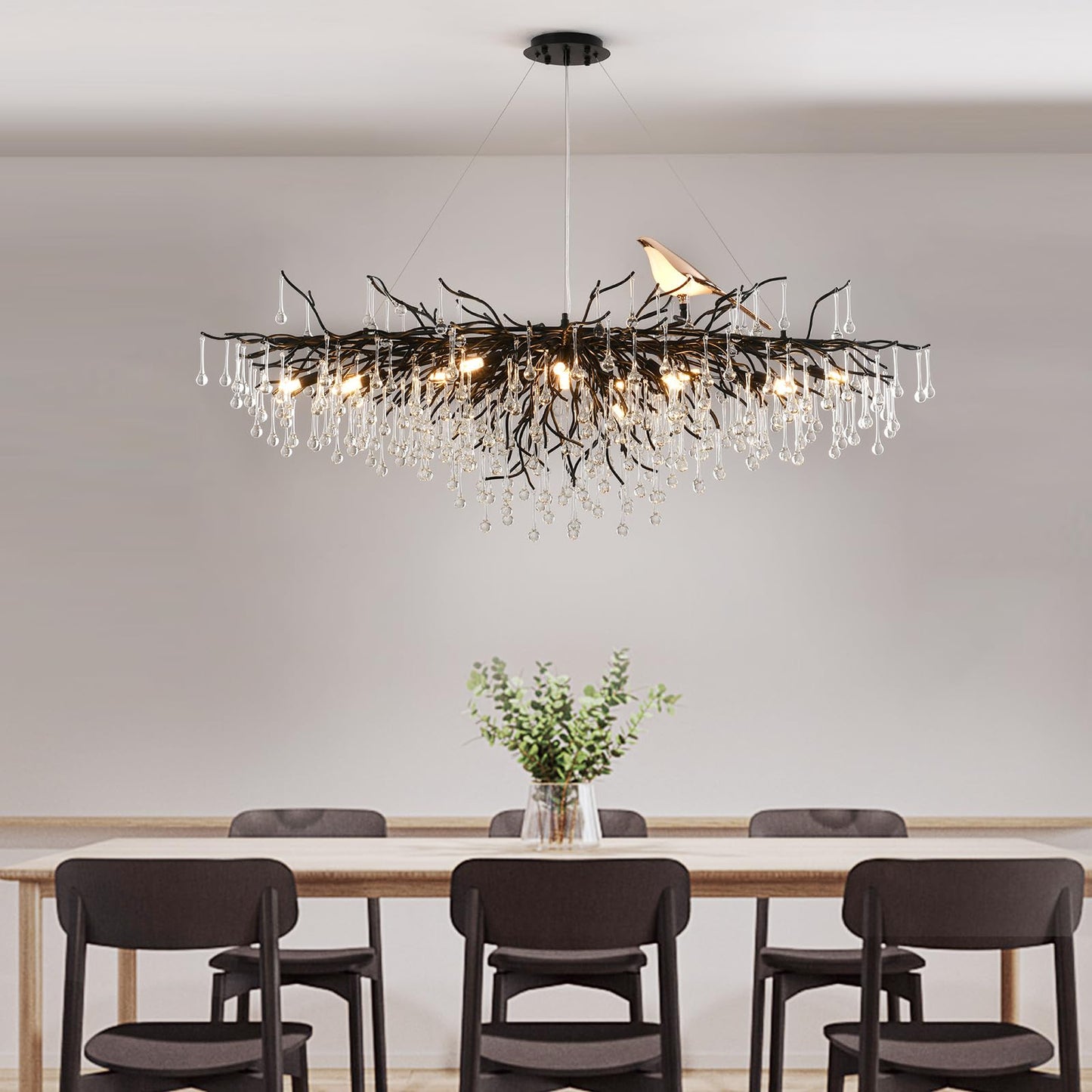 Modern Crystal Chandelier, Tree Branch Style - L60" Black Linear Raindrop Pendant Light - 16 Lights for Dining, Living Room, Entryway, Foyer, Stairway, Bedroom