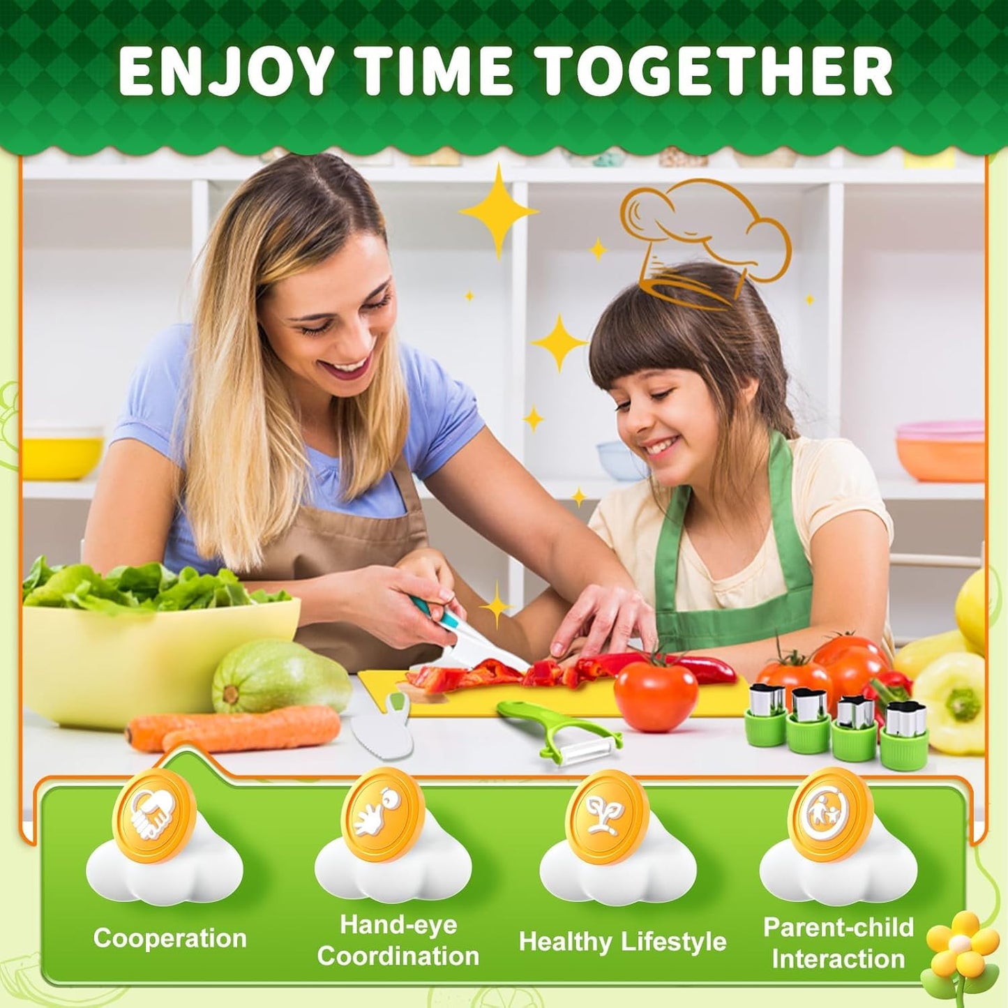 Kids Safe Knife Set -13 Pieces Montessori Kitchen Tools for Toddlers - Kids Cooking Sets, Toddler Knife for Real Cooking with Safe Knives/Crinkle Cutter/Kids Cutting Board/Peeler/Fruit Cutters Shapes