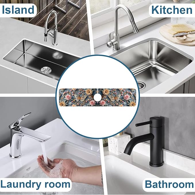 Gold Butterfly Kitchen Sink Splash Guard Faucet Mat Pink Floral Super Absorbent