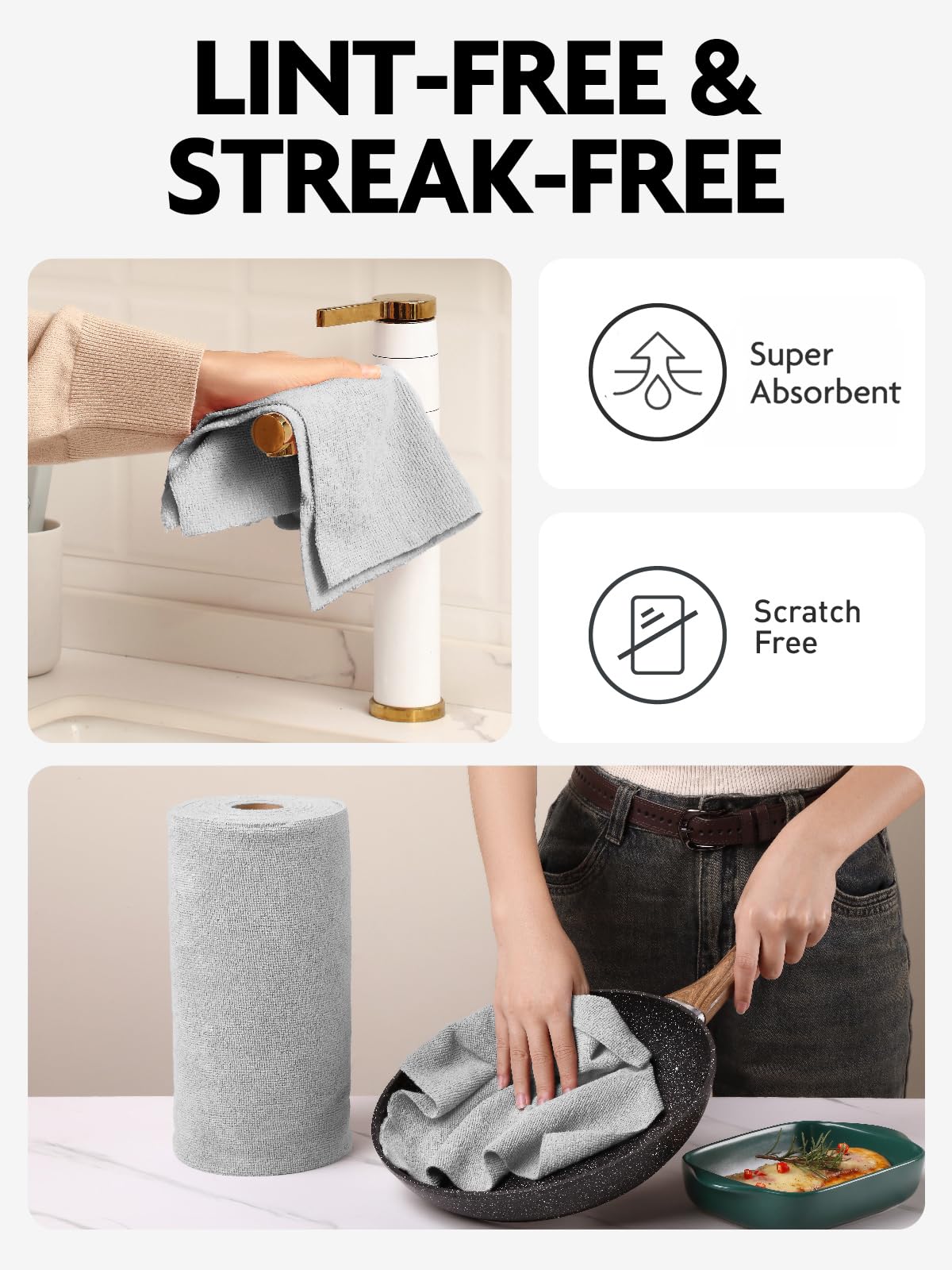 Fantasticlean Microfiber Cleaning Cloth Roll -150 Pack, Tear Away Microfiber Towels, 12" x 12", Reusable, Washable, Ultra Absorbent Dishcloth for Home Supplies, Car, Pet, Kitchen (2 Rolls of Grey)