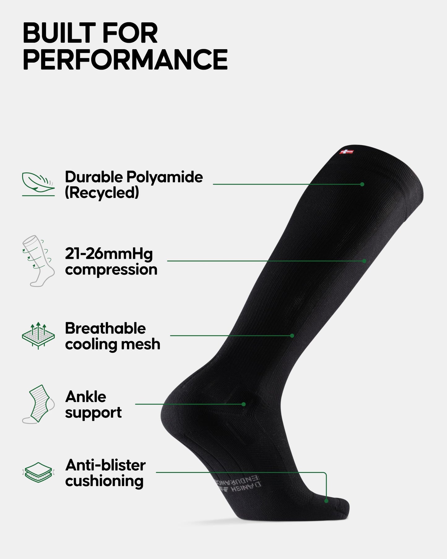 DANISH ENDURANCE Running Compression Socks, Flight Socks, 21-26mmHg, Graduated, for Men & Women, Unisex, Black, 43-47