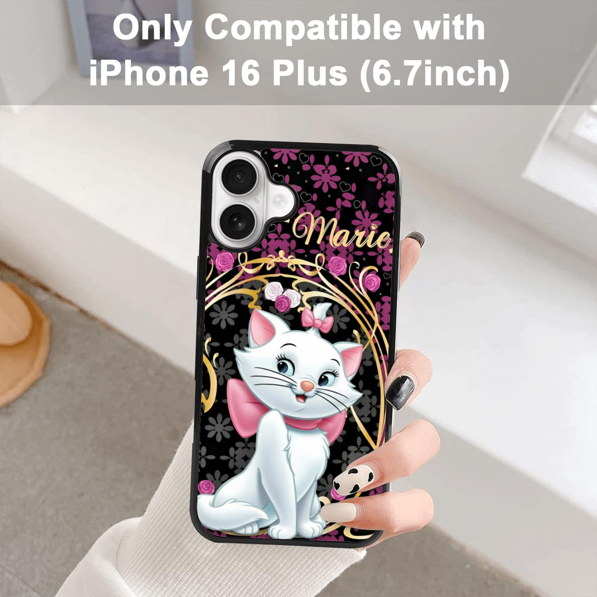 MMYAJT Graceful Marie Cat Phone Case Compatible with iPhone 16 Plus — Golden Lace iPhone Case Shockproof Fuchsia Pink Roses Phone Cover Gift for Boy Girl Men Women