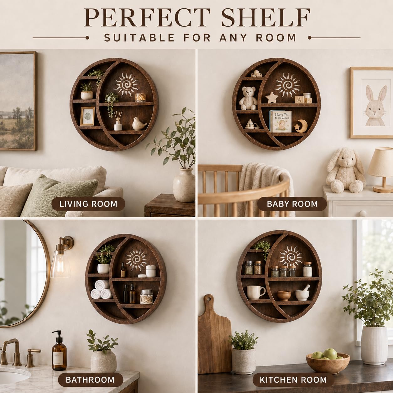 Nimpro Wooden Crescent Moon Shelf for Wall Decor – Boho Crystal Display Shelf with Sun Cutout – Hanging Storage for Crystals, Essential Oils & Plants – Bedroom, Dorm, Nursery – 14x14x3.5 Inches