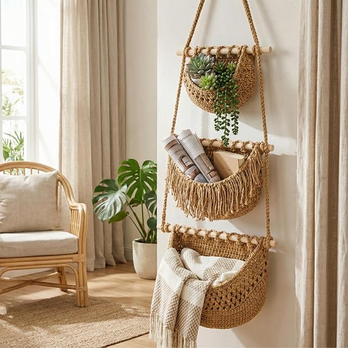 Lawei 3 Tier Hanging Fruit Basket, Wall Hanging Vegetable Fruit Baskets Cotton