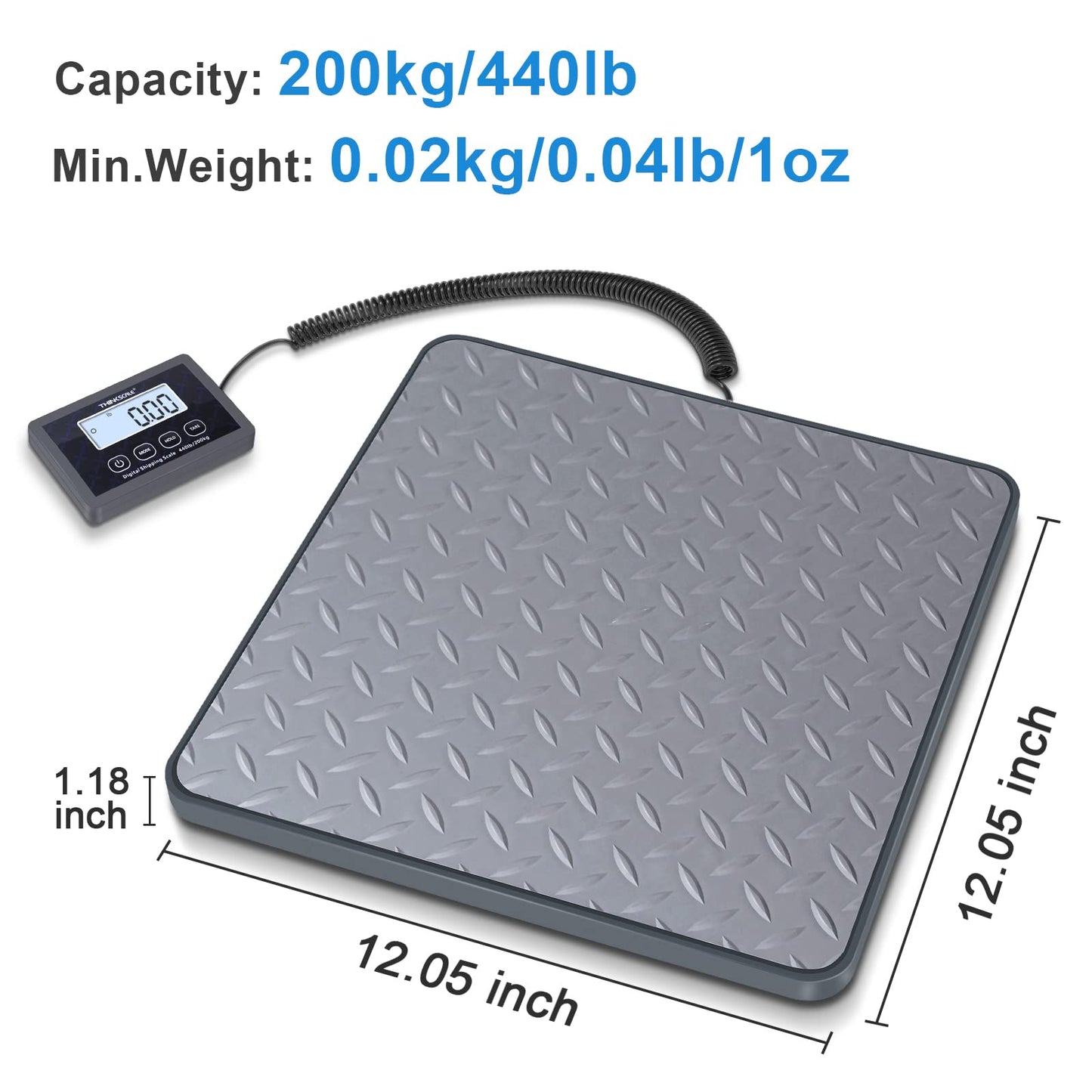 THINKSCALE Shipping Scale, 440 lbs/1 oz Highly Accurate Postal Scale with Hold/Tare/LCD Display, Lightweight Digital Postage Scale for Packages/Luggage/Post Office/Dog, Battery & AC Adapter Included