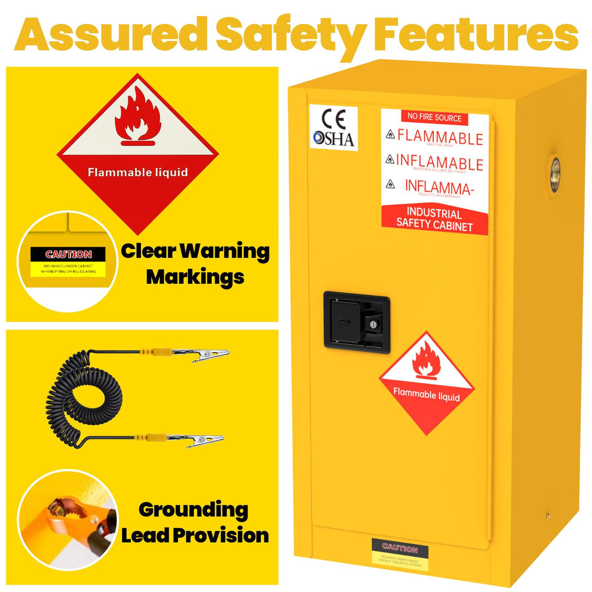 BLUEIAN 30 Gallon Flammable Storage Cabinet, 36" x 23" x 23" OSHA Fire Cabinet with ESD Grounding Cable, Stainless Steel Adjustable Shelf Flammable Safety Cabinet for Fireproof Chemical Storage