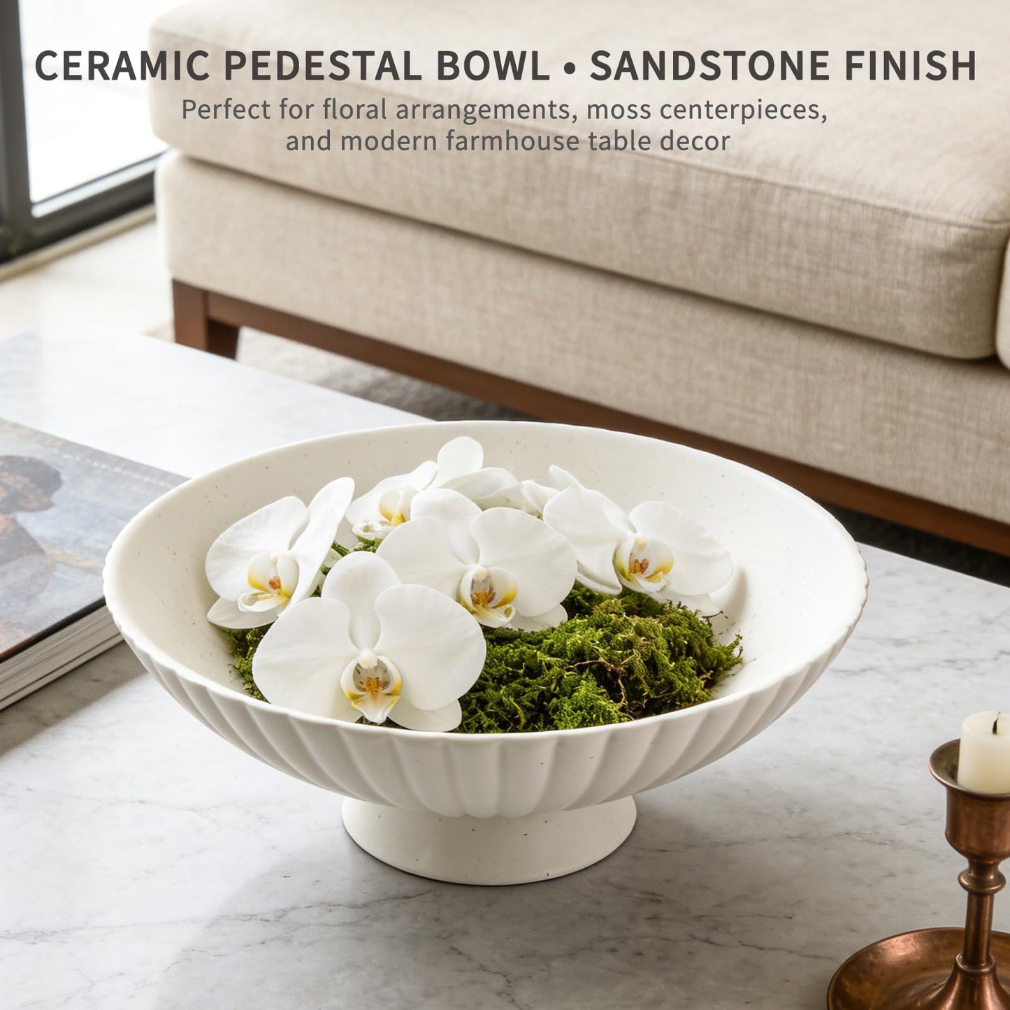 Afadorable 10 Inch Handmade Large Matte White Fluted Ceramic Pedestal Bowl, Decorative Fruit Bowl with Sandstone Speckles – Modern Farmhouse Centerpiece for Kitchen Counter, Entryway & Dining Table