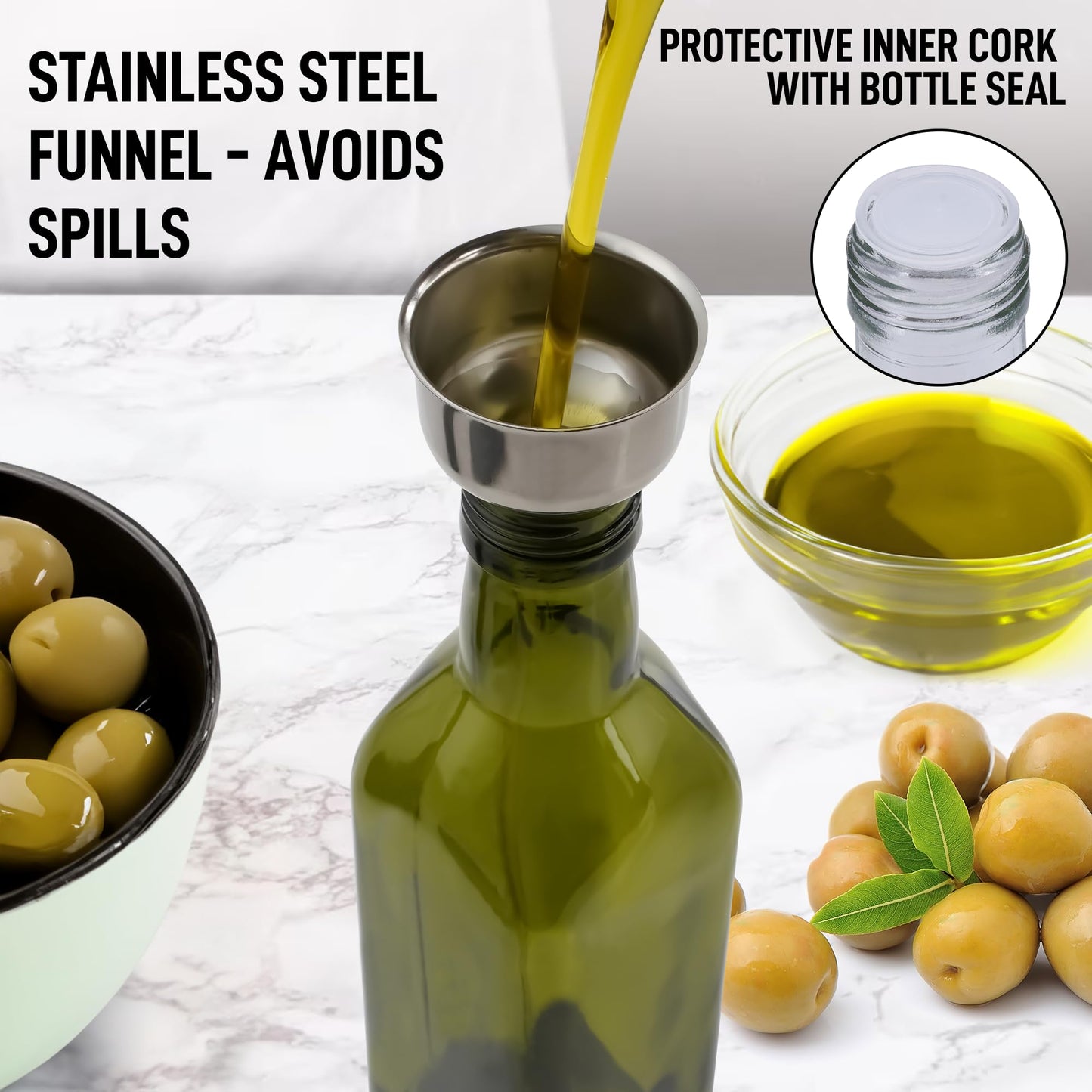 Zulay 17oz Olive Oil Dispenser Bottle – Glass Oil Cruet with Spout, Funnel & Pourers, Easy-Pour Decanter for Kitchen Cooking and Serving (Green)